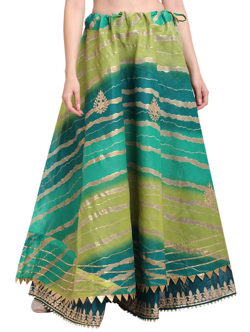 green printed flared skirt