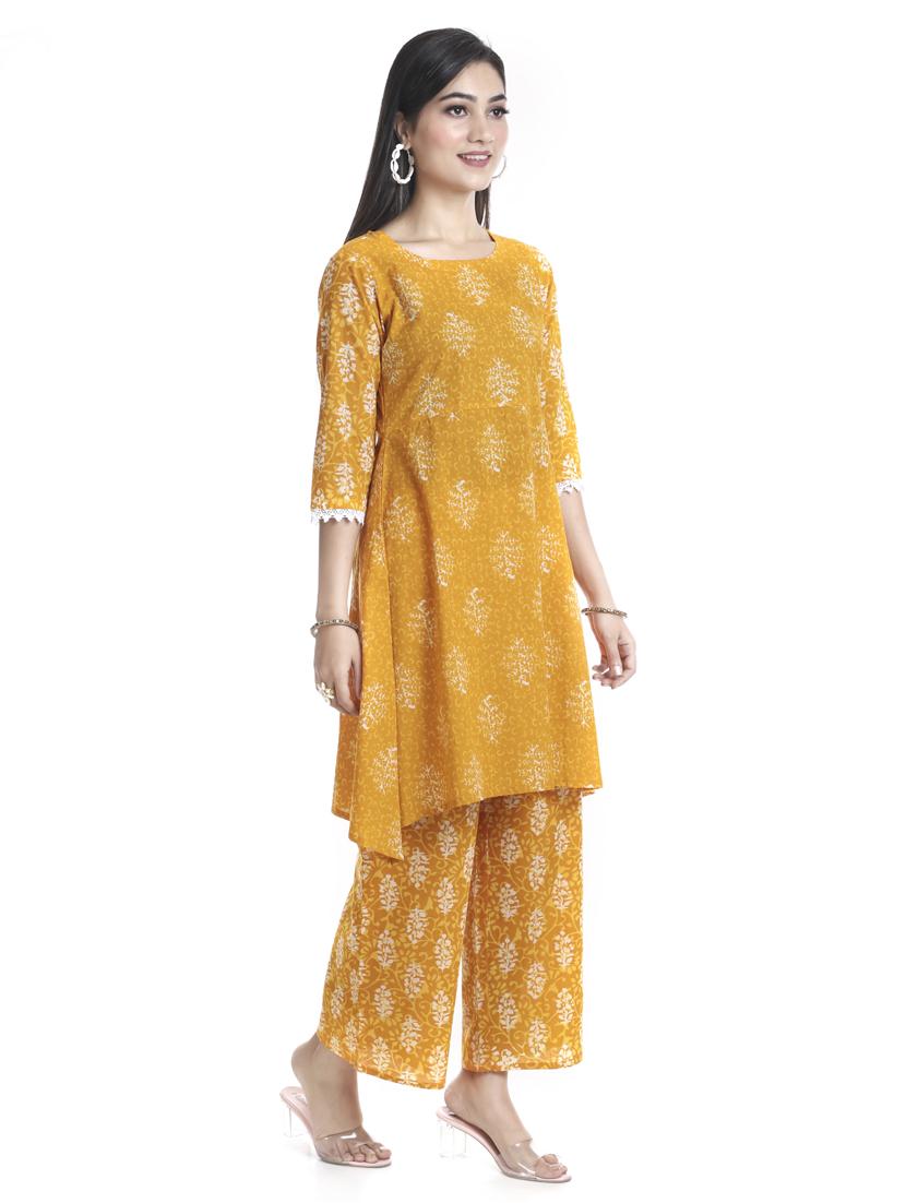 yellow cotton blend kurta pant set - 18230552 - Standard Image - 2