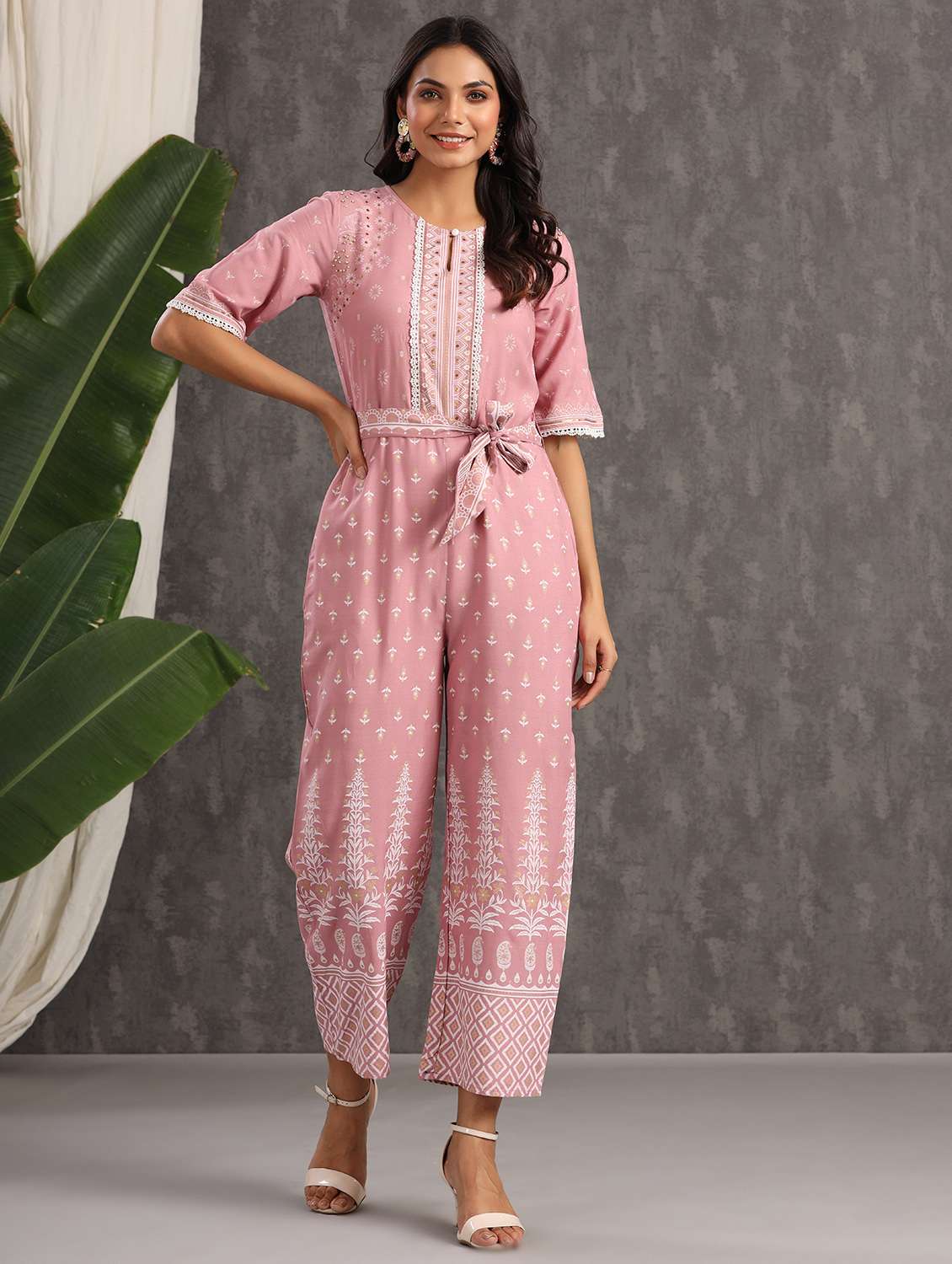 tie front printed full leg jumpsuit