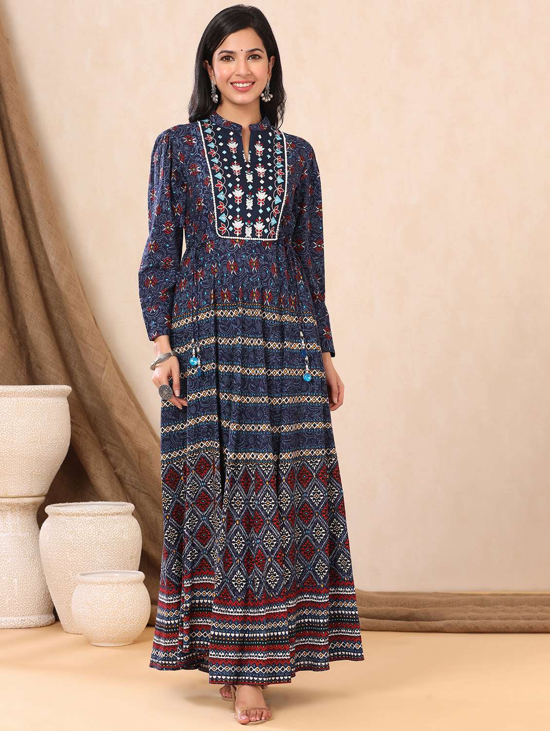 blue printed flared ethnic dress - 18231011 -  Zoom Image - 0