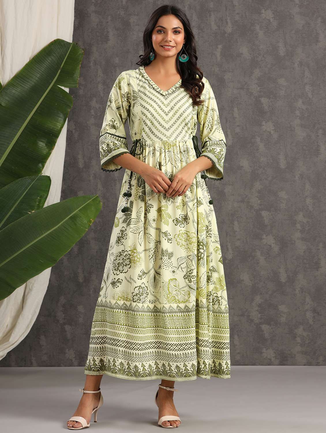green rayon flared ethnic dress
