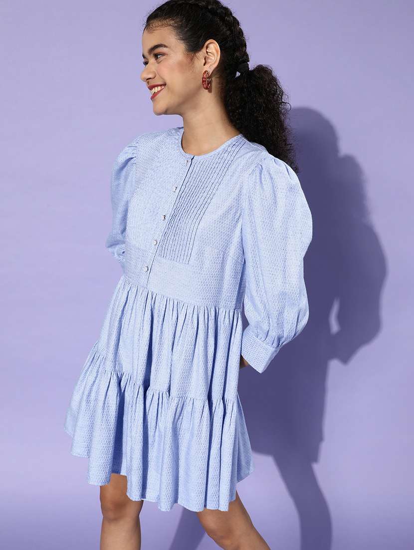 puff sleeved printed fit & flare dress