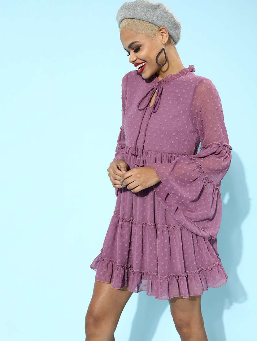 bell sleeved dobby fit & flare dress