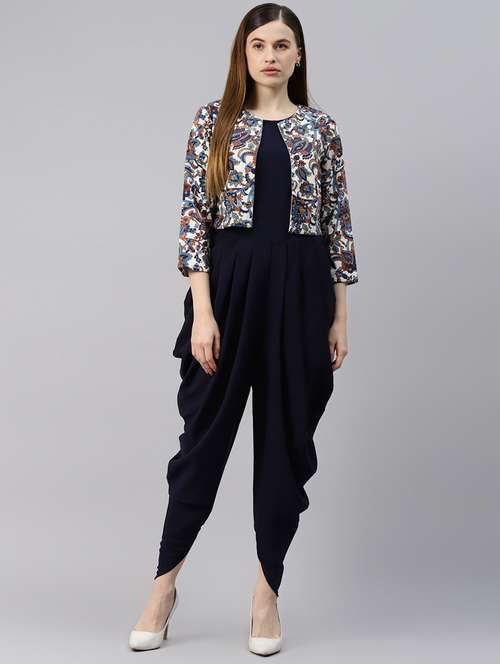 round neck solid full leg jumpsuit with jacket - 18232546 -  Standard Image - 0