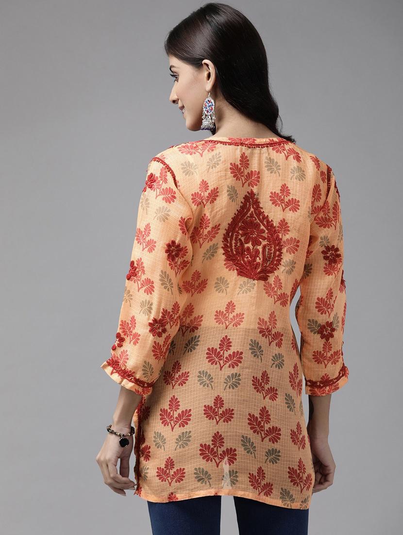 ada hand embroidered peach kota lucknow chikankari kurti - 18234212 - Standard Image - 2