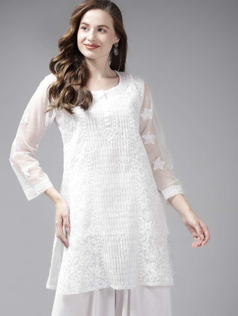 ada hand embroidered white organza lucknow chikankari kurti with slip