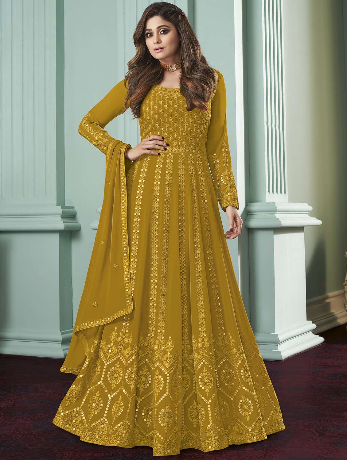 yellow georgette semistitched suit