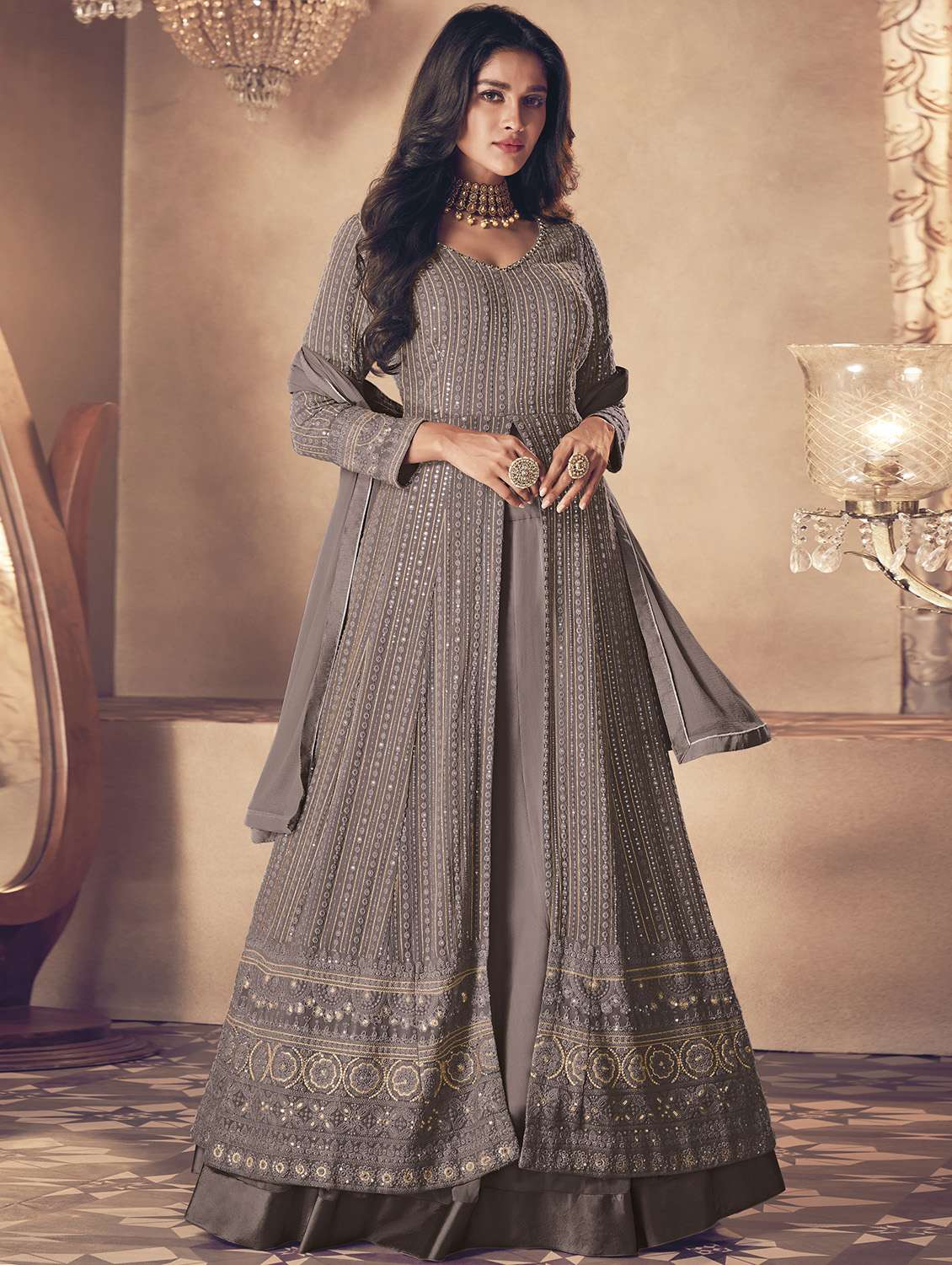 beige georgette semistitched suit