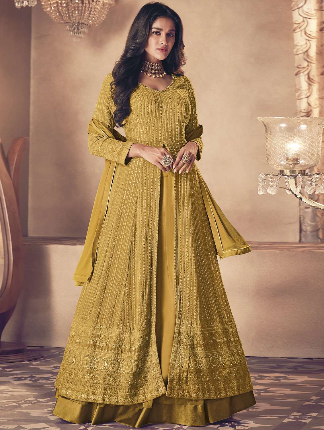 yellow georgette semistitched suit