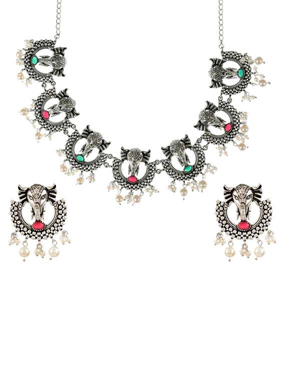 multi colored brass necklaces and earring