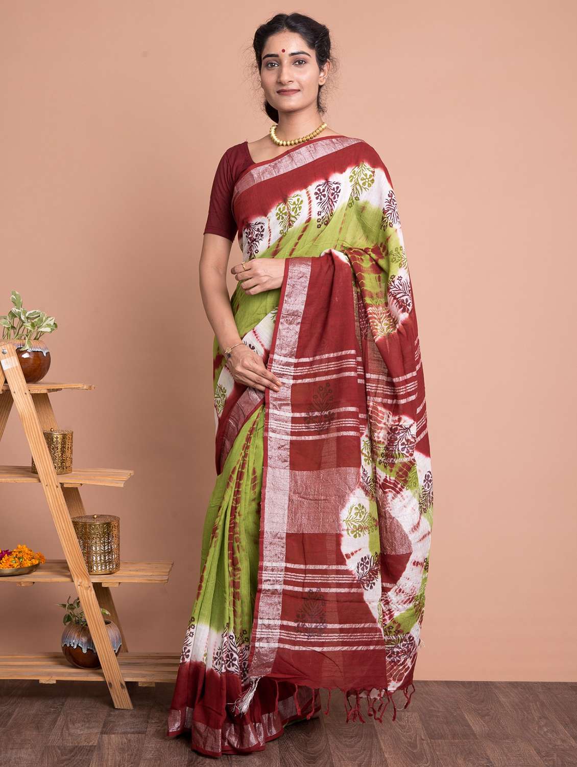 multi colored linen bordered saree with blouse