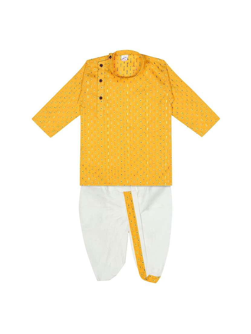 yellow printed dhoti kurta set