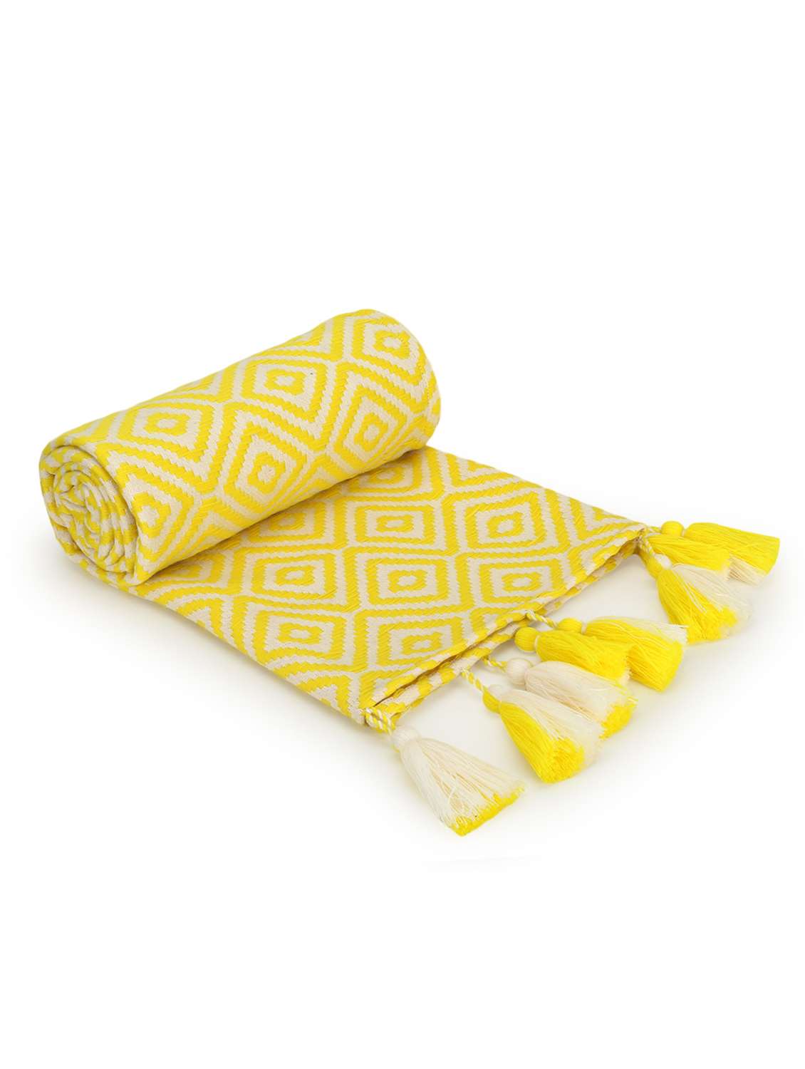 mezposh acoustic neon yellow & white diamond pattern cotton acrylic sofa throw (170 x 130 cm)