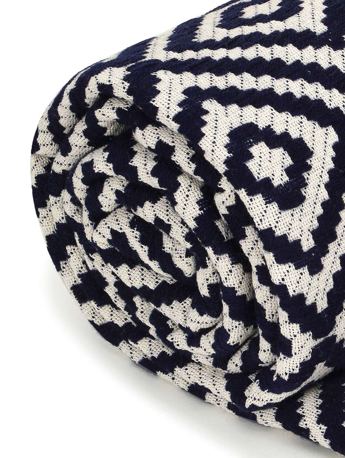 mezposh acoustic navy blue & natural diamond pattern cotton acrylic sofa throw (170 x 130 cm) - 18246238 -  Standard Image - 2