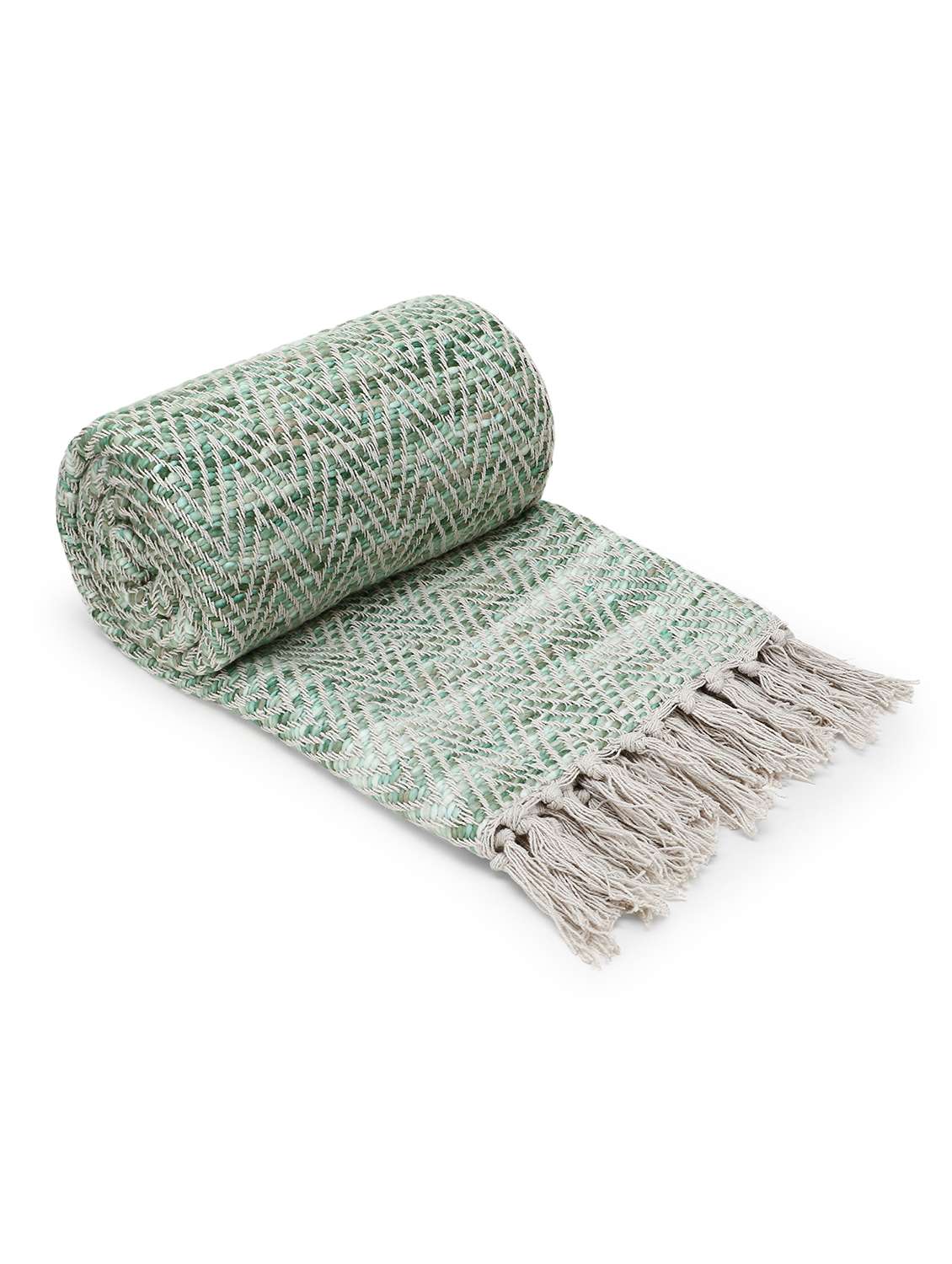 mezposh motley pista green & white chevron pattern cotton acrylic sofa throw (150 x 130 cm)