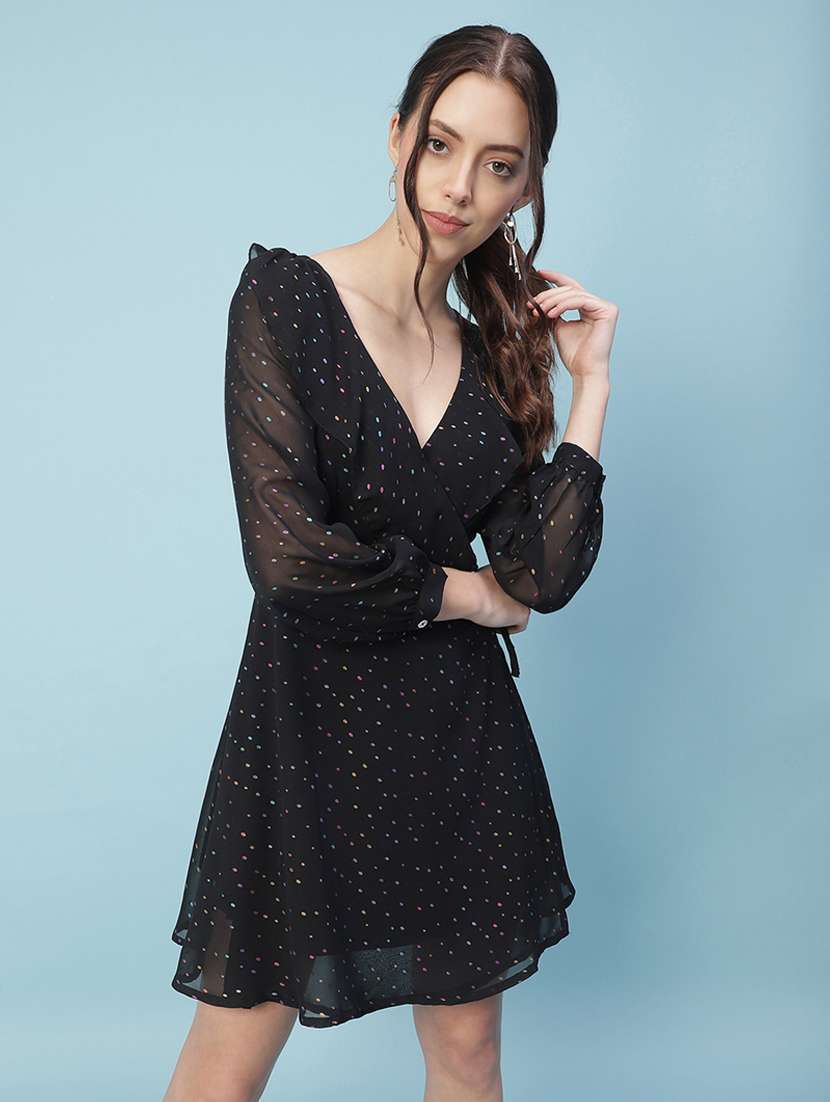 black polka dots wrap dress