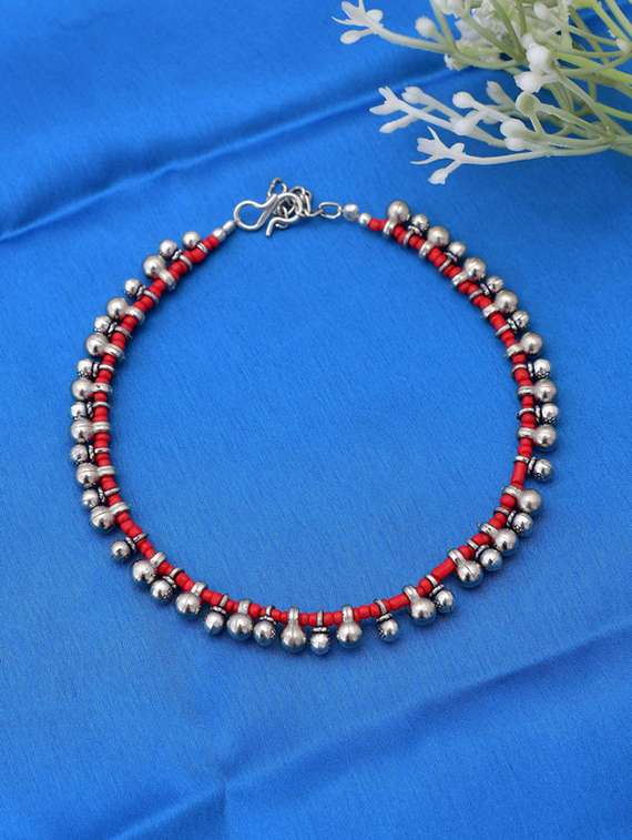 silver ghungroo red beads anklet