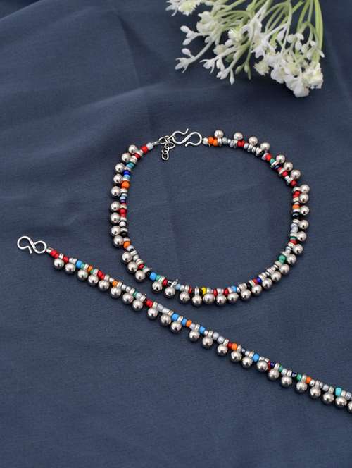 silver ghungroo multibeads anklet - 18247444 -  Standard Image - 0