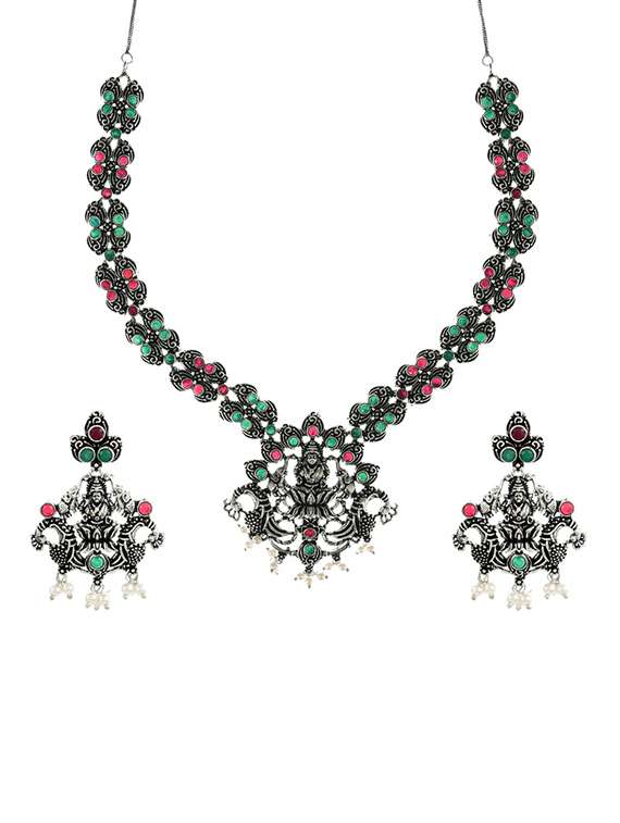 oxidised multi colored short necklace with earring