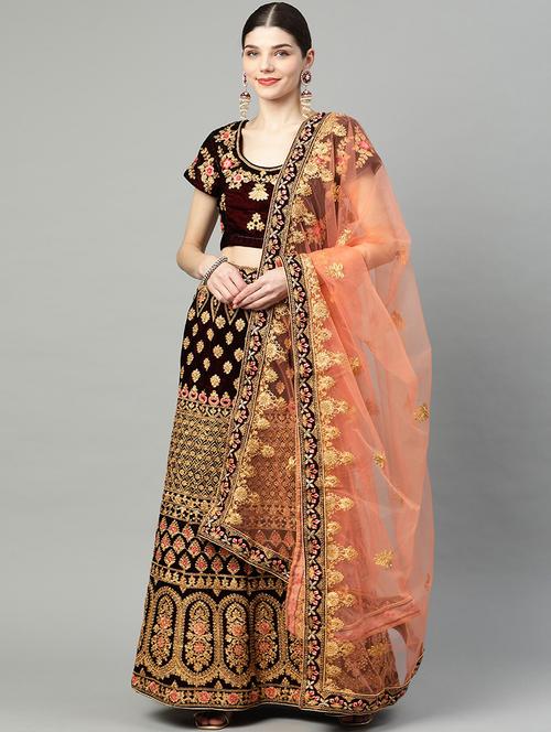 maroon velvet flared lehenga - 18247890 - Standard Image - 0