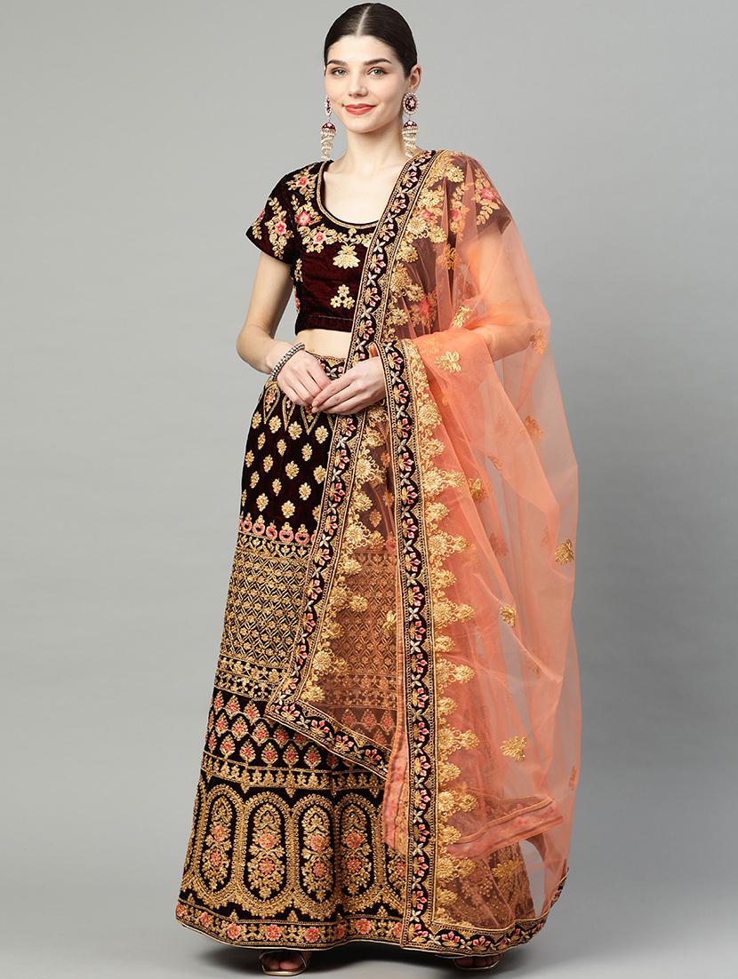 maroon velvet flared lehenga - 18247890 - Zoom Image - 0