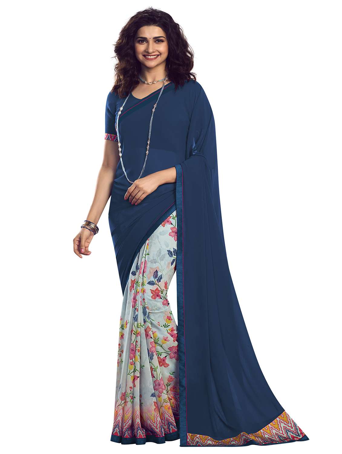 blue georgette half and half saree with blouse
