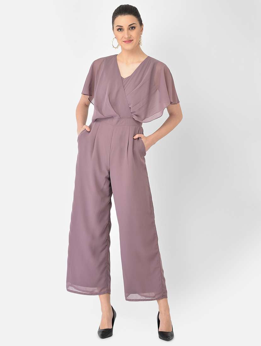 cape sleeved solid full leg jumpsuit