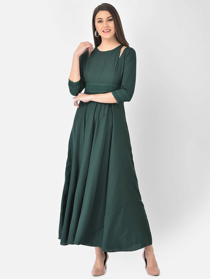 green solid flared ethnic dress