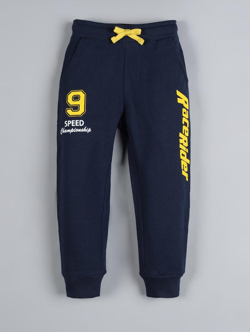 boys navy blue typographic printed joggers