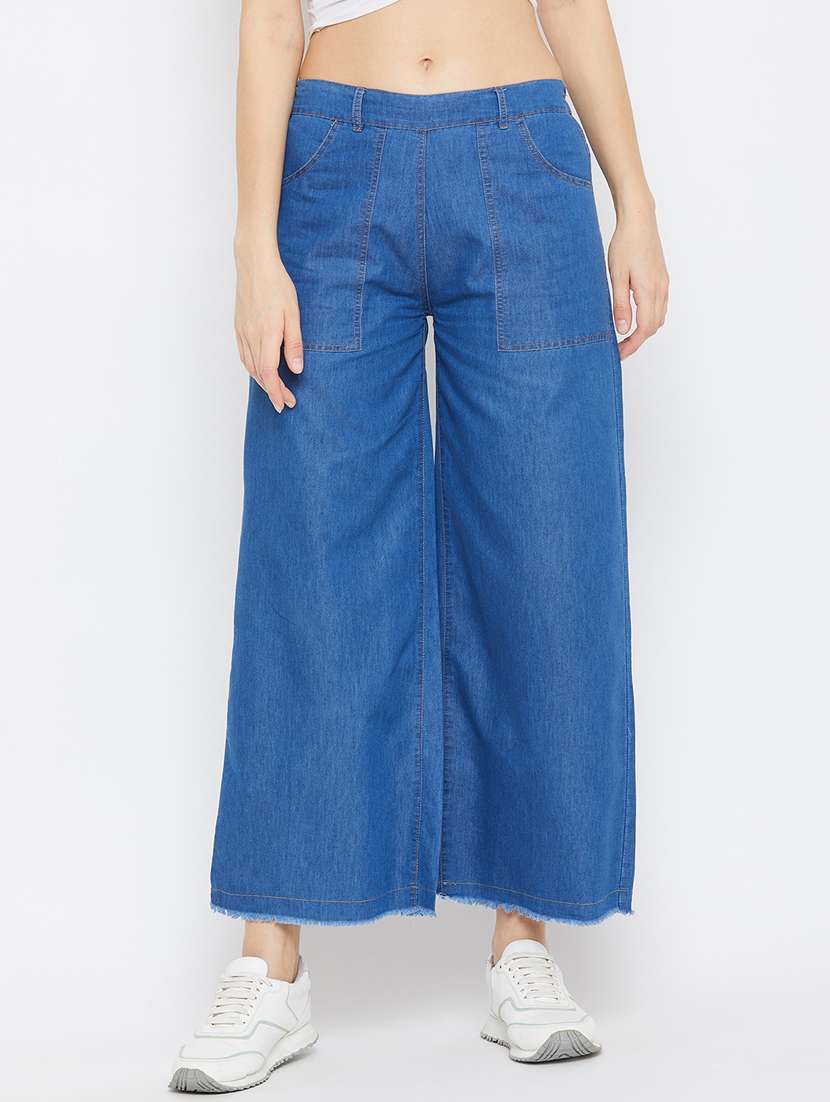 blue denim solid flat front trouser