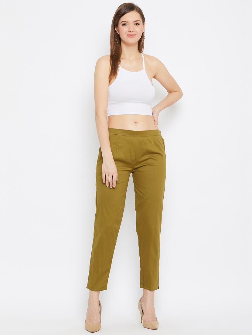 olive solid cigarette pants trouser - 18249509 - Standard Image - 2