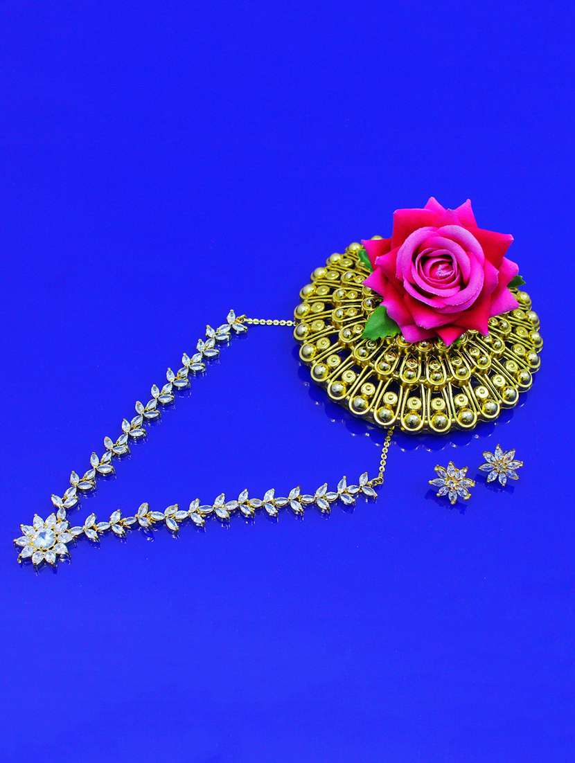 white brass stone studded necklaces with earring