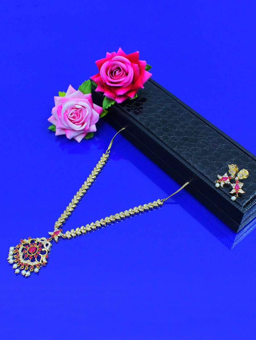 red brass stone studded necklaces with earring