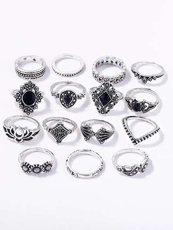silver plated 15 piece multi designs ring set