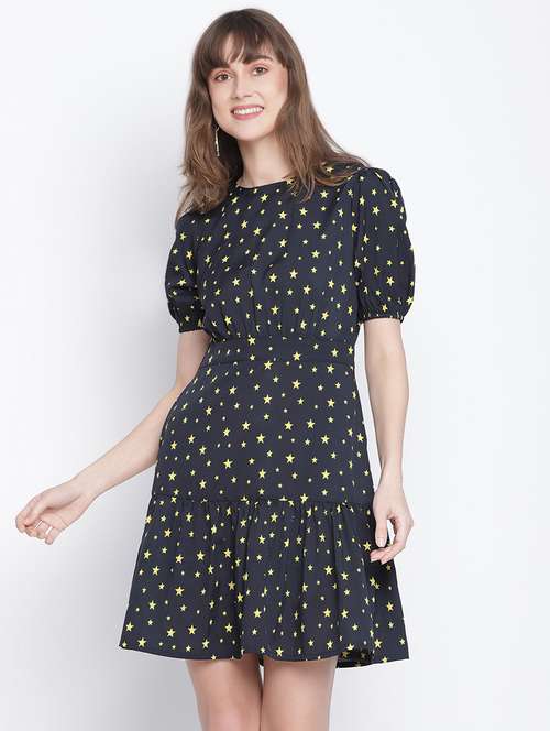 puff sleeved printed a-line dress - 18259578 -  Standard Image - 0