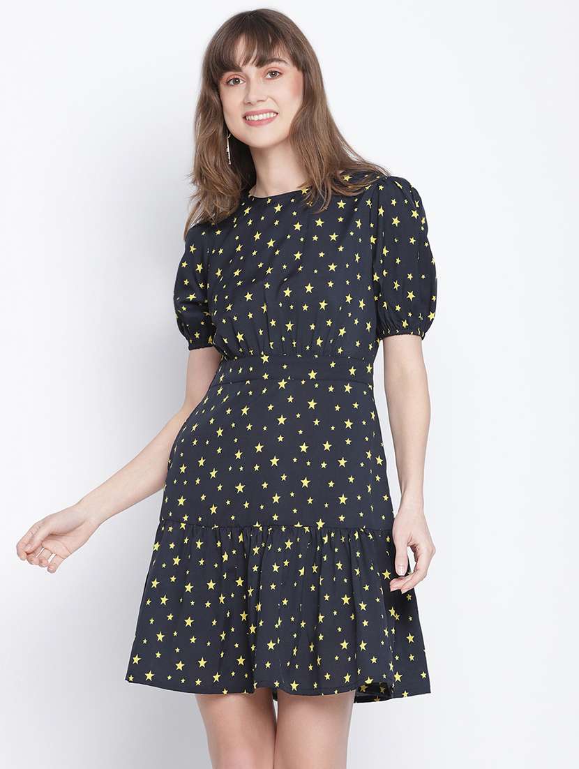 puff sleeved printed a-line dress