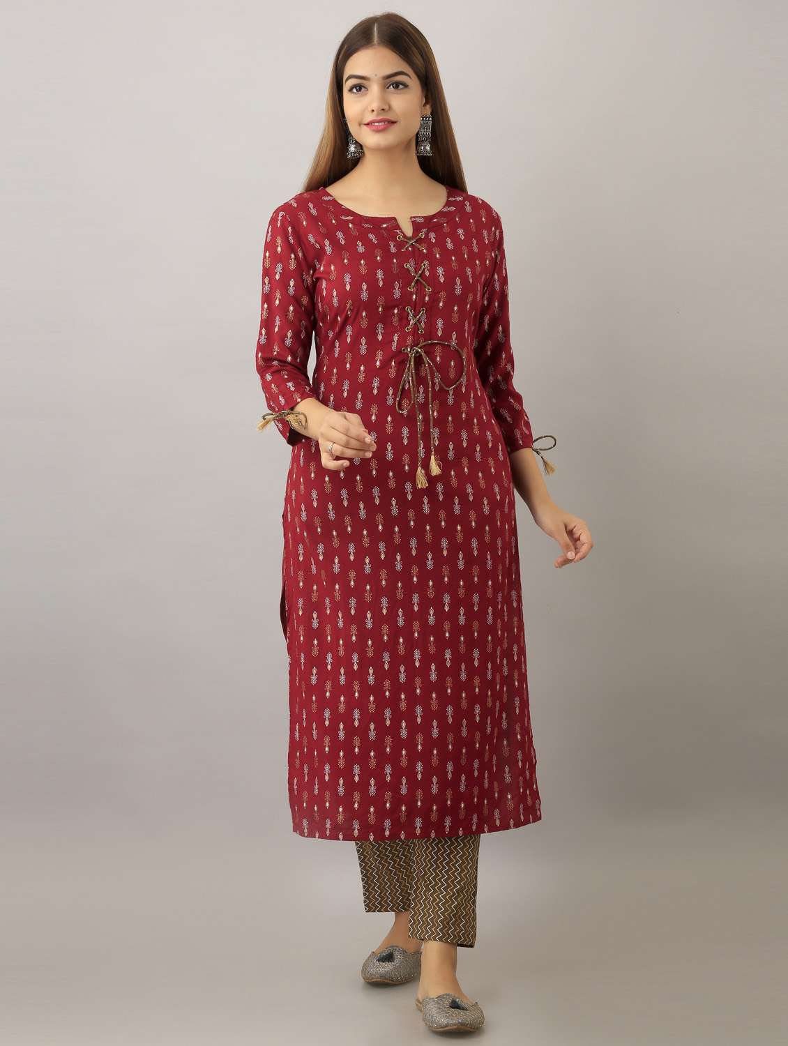 maroon printed straight kurta