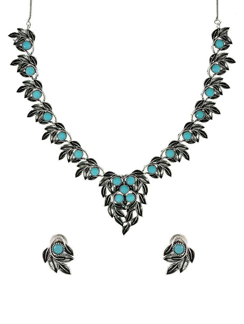 blue brass necklaces and earring