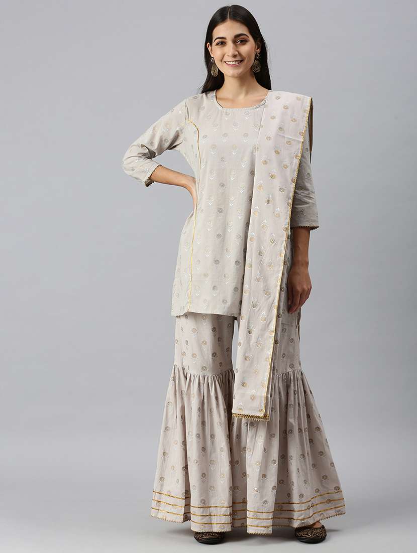 Women Floral Kurta Sharara Set With Dupatta