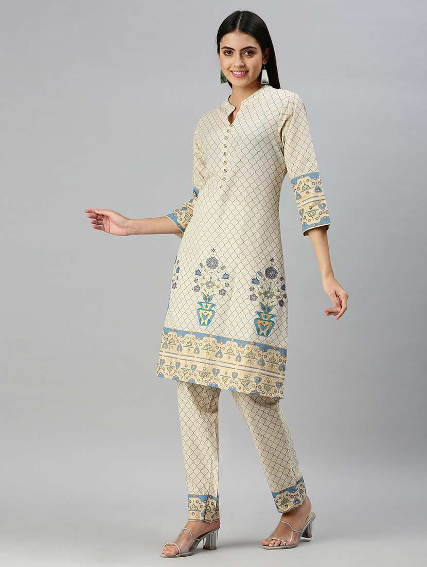 women cream printed mandarin neck kurta pant set - 18260901 -  Standard Image - 2