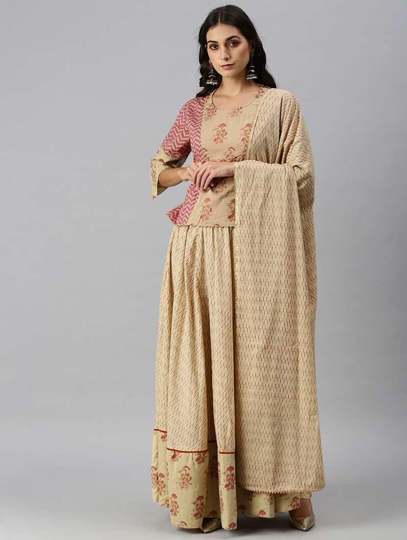 women beige printed skirt top set with dupatta
