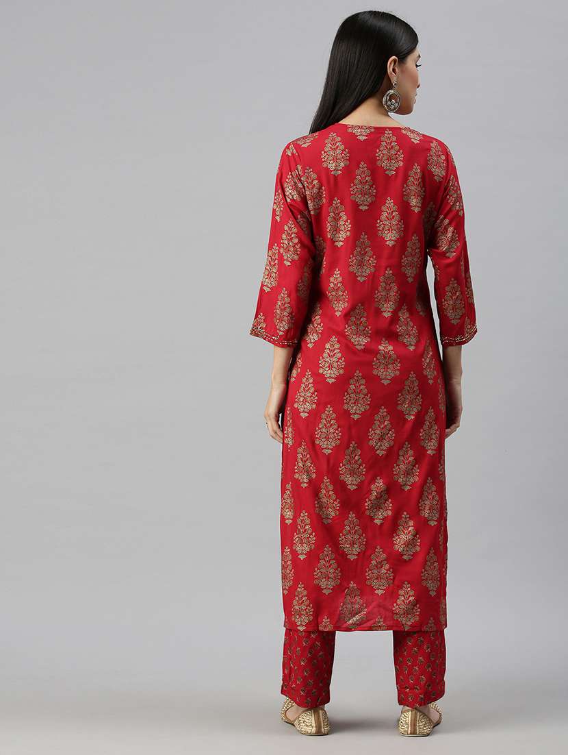 women red floral round neck kurta pant set - 18260916 -  Standard Image - 2