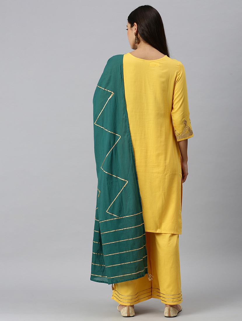 women gota work kurta palazzo set with dupatta - 18260940 - Standard Image - 2
