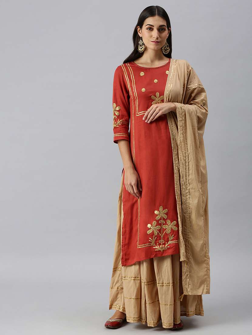 women three quarter sleeve kurta palazzo with dupatta set