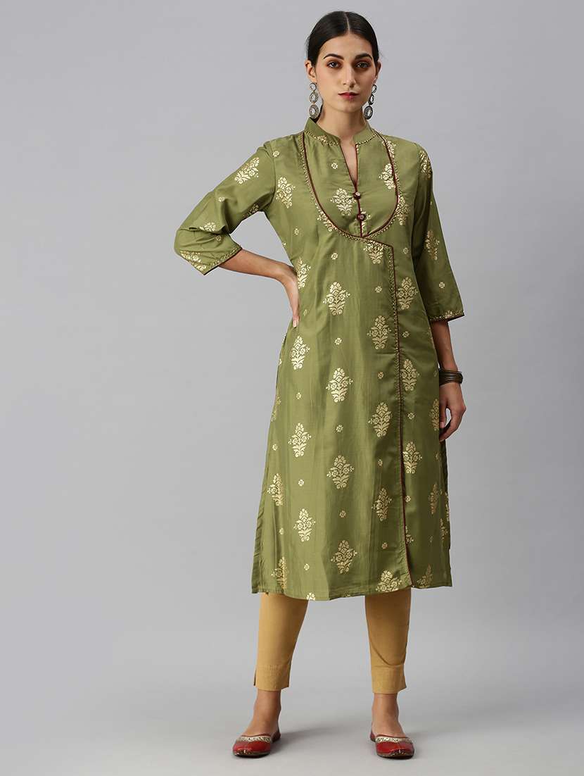 women olive foil print kurta pant set