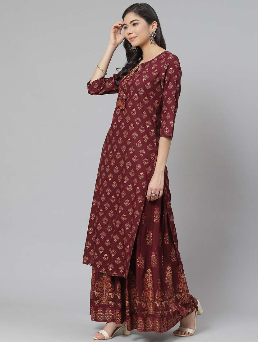red rayon kurta palazzo set - 18261082 - Standard Image - 2