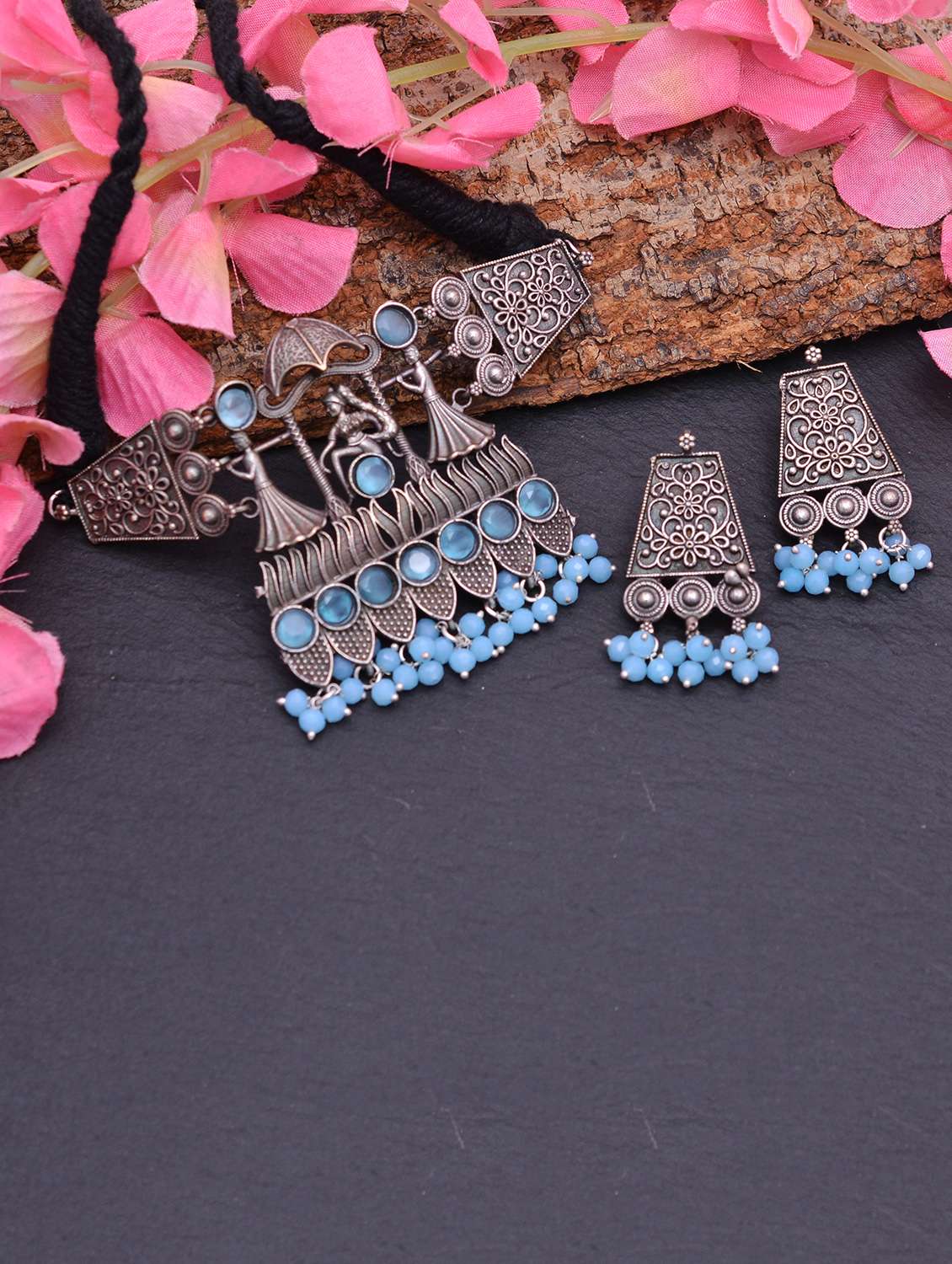 blue brass necklaces and earring