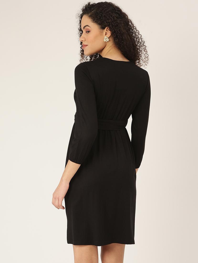 overlap neck solid a-line dress - 18266242 - Standard Image - 2
