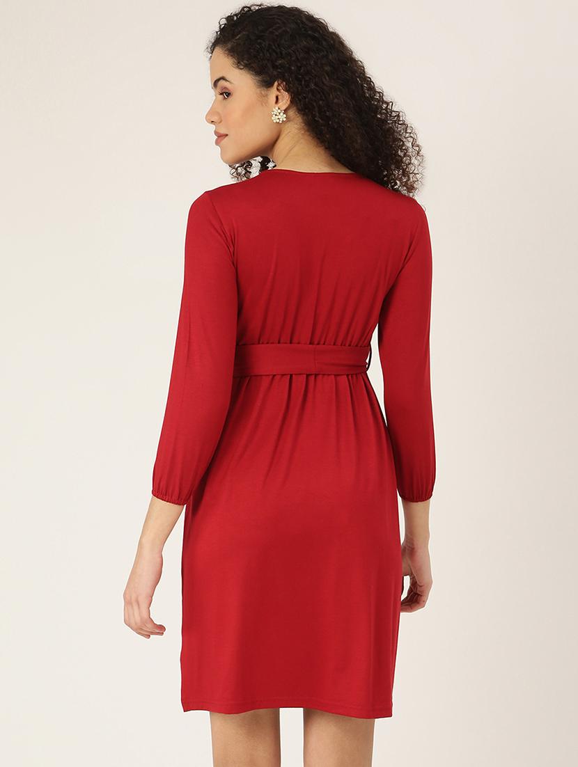 overlap neck solid a-line dress - 18266248 - Standard Image - 2