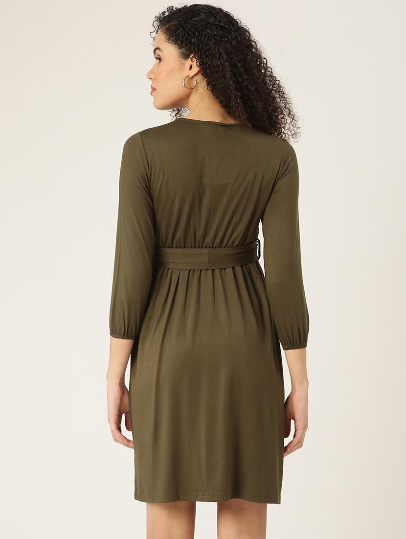 overlap neck solid a-line dress - 18266254 - Standard Image - 2